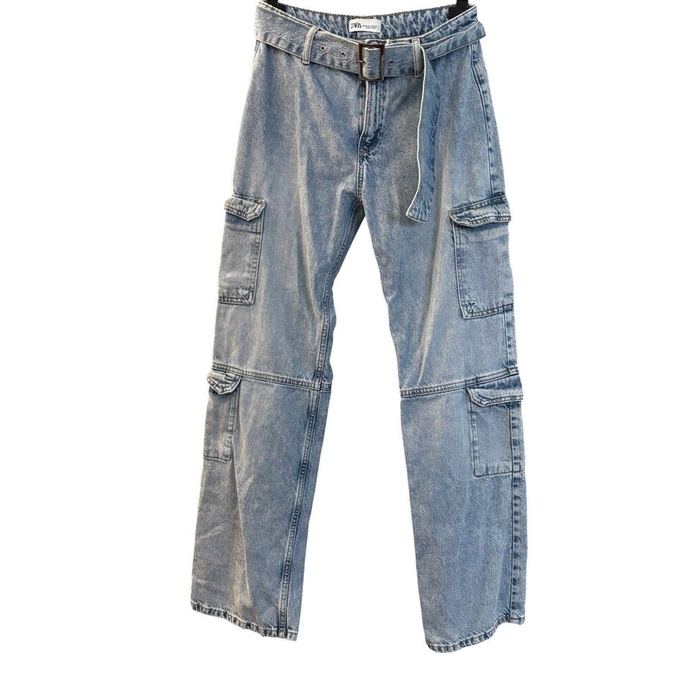 Zara Women's Light Blue Denim Belted Cargo Jeans SZ 4 - Picture 7 of 14